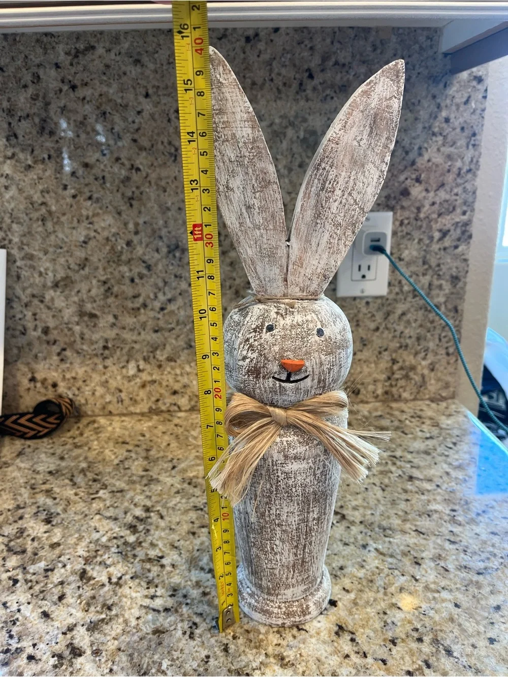 Rustic Whitewashed Wooden Bunny Figurine with Raffia Bow Farmhouse